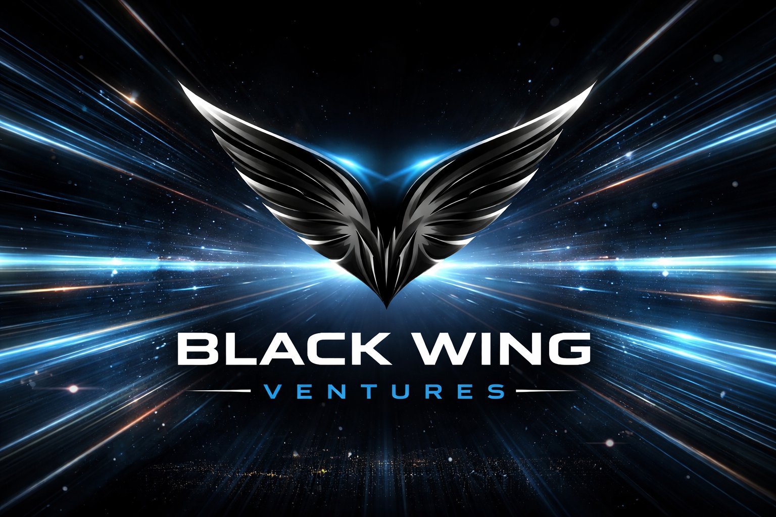 Black Wing Ventures logo with symmetrical black wings and blue light rays converging from a dark digital background