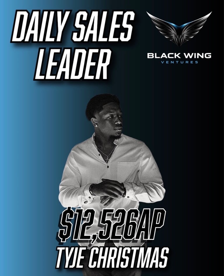 Black and white photo of man in light shirt labeled Daily Sales Leader, $12,526 AP, Tyse Christmas with Black Wing Ventures logo on blue background